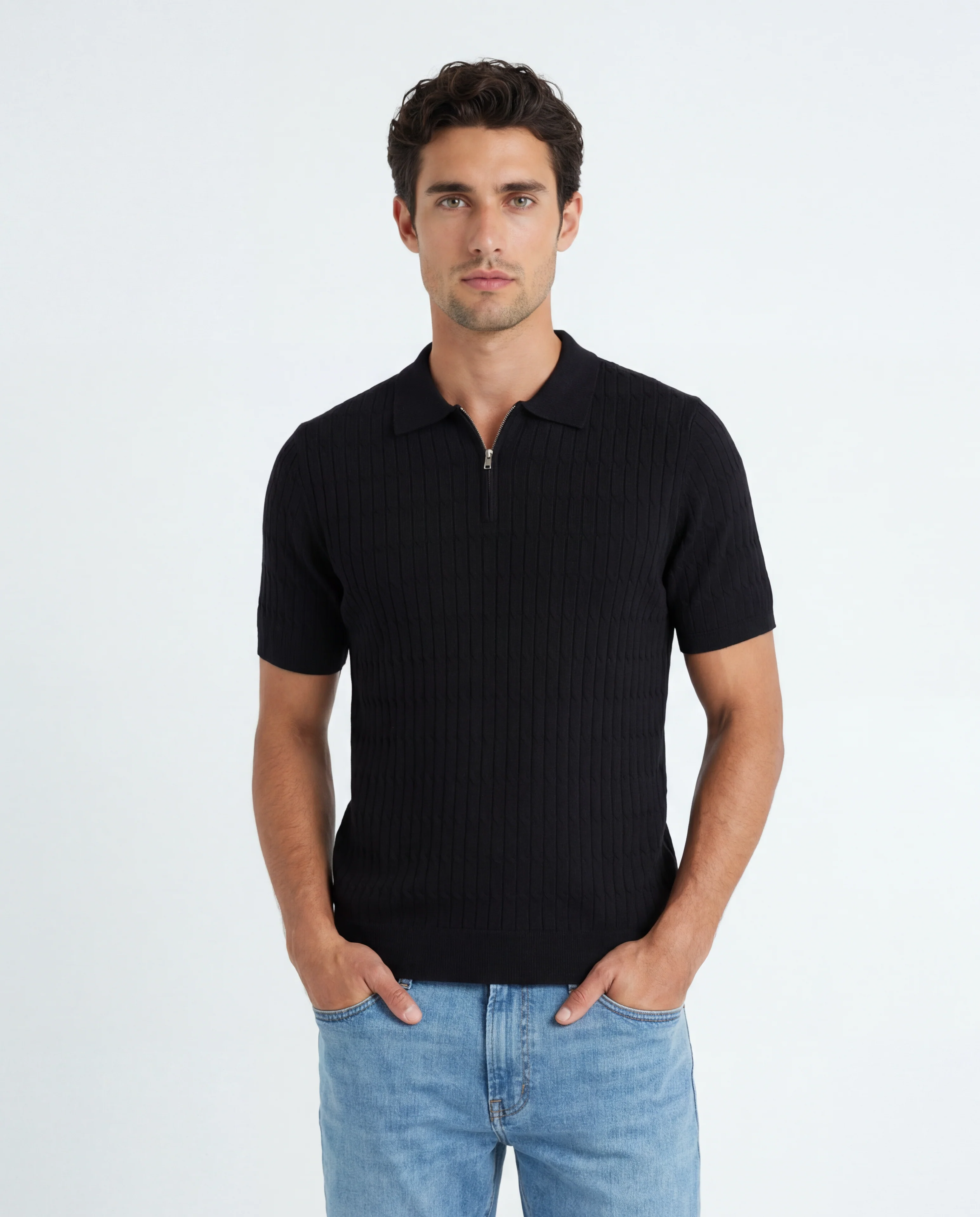 TRNS-543 Cable Knit Short Sleeve Half Zip Sweater - Image 3